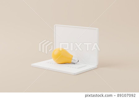 Light bulb with computer laptop on background. Minimal design 89107092