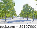 A green tree-lined road spreading in the blue sky for synthesis with the focus in the foreground 89107600