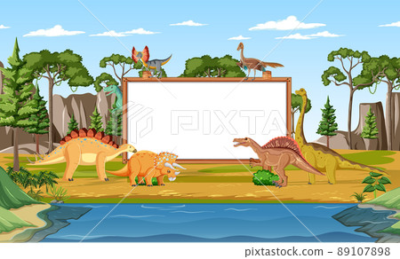 Nature scene with trees on mountains with sign board and dinosaur Nature scene with trees on mountains with sign board and dinosaur 89107898