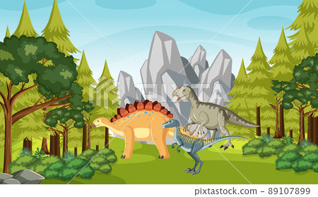 Nature scene with trees on mountains with dinosaur 89107899