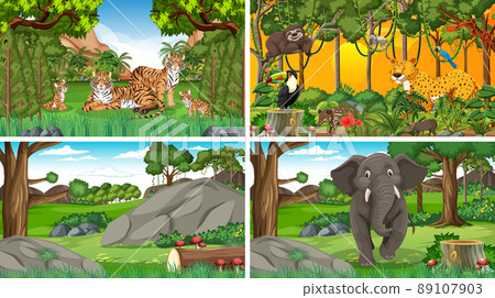 Set of nature scene with trees on mountains with Animal 89107903