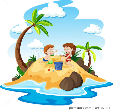 Kids building sand castle on the island 89107924