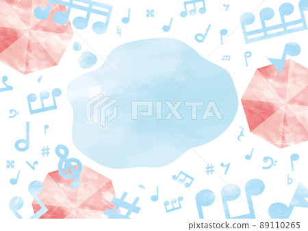 Frame of rain, umbrella and puddle of watercolor notes and musical symbols 89110265