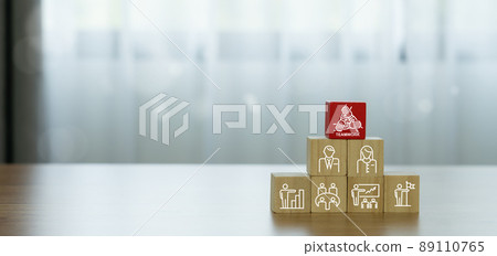 Unity and teamwork icon concept on wood box .cooperation success business.Hand united together. Mission, Trust, support, Cooperation, Brainstorming, Planning, Discussion, collaboration, communication, 89110765