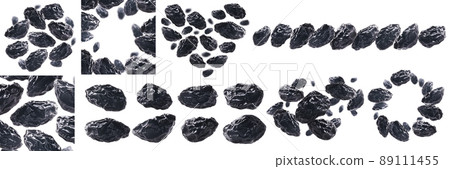 A set of photos. Dried prunes levitate on a white background A set of photos. Dried prunes levitate on a white background 89111455