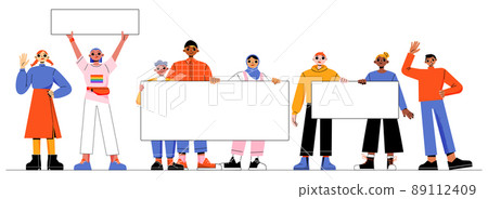 Group of diverse people holding blank banners 89112409