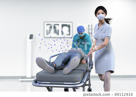 醫護人員用擔架抬著受病毒感染的重傷者 89112918