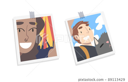 Photos of young people pinned to wall set. Selfie portraits of teenage boy and girl cartoon vector illustration 89113429