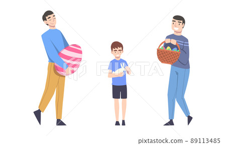 People celebrating Easter set. Young men carrying Easter eggs, boy holding white bunny cartoon vector illustration People celebrating Easter set. Young men carrying Easter eggs, boy holding white bunny cartoon vector illustration 89113485