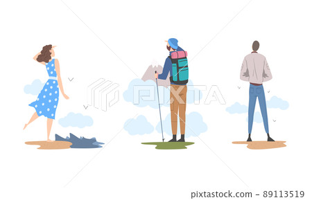 People enjoying of beautiful nature landscape set. Man and woman hiking on nature and walking on beach cartoon vector illustration 89113519