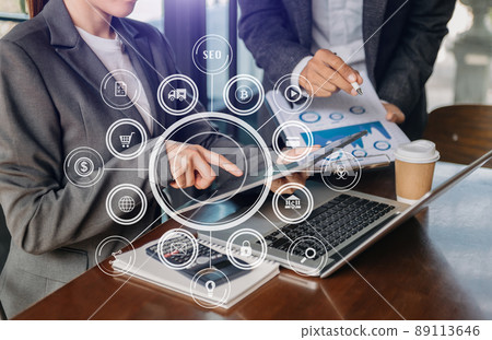 Business team partnership meeting. hand using laptop, tablet and smartphone  in office. in VR icon . 89113646