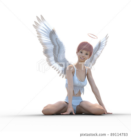 美腿天使坐在地上燙髮3DCG插畫素材 89114783