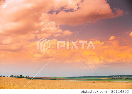 Tractor Plowing Field In Spring Season. Sunset cllouds on background. copy space Beginning Of Agricultural Spring Season. Cultivator Pulled By A Tractor In Countryside Rural Field Landscape Tractor Plowing Field In Spring Season. Sunset cllouds on background. copy space Beginning Of Agricultural Spring Season. Cultivator Pulled By A Tractor In Countryside Rural Field Landscape 89114893