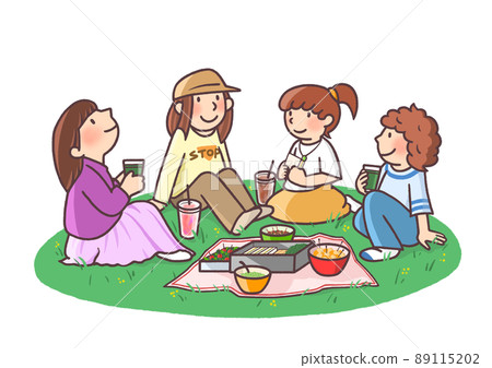 Four young women enjoying a picnic on the lawn 89115202