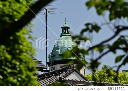 Fresh green season A dome-shaped building with a round roof that can be seen through the gap between the quaint copper-blown roof of a historic building and the fresh green 89115531