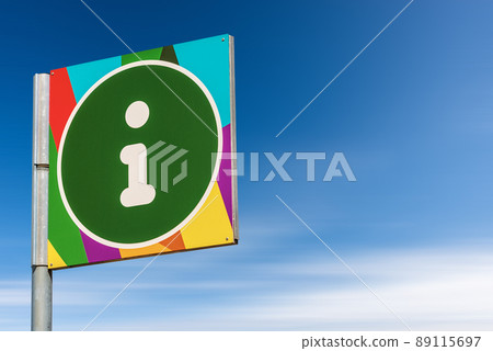 Green Tourist Information Sign on Blue Sky with Clouds - Photography 89115697