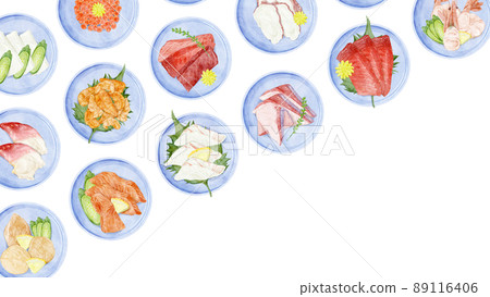 小盤子上的生魚片手繪水彩風格插圖 89116406