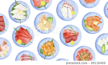 Hand-painted watercolor-style illustration of sashimi served on a small plate 89116409