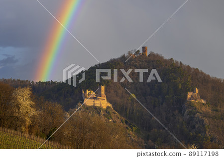 Chateau de Saint-Ulrich ruins, Chateau du Girsberg ruins and Chateau du Haut-Ribeaupierre near Ribeauville, Alsace, France Chateau de Saint-Ulrich ruins, Chateau du Girsberg ruins and Chateau du Haut-Ribeaupierre near Ribeauville, Alsace, France 89117198