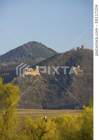 Chateau de Saint-Ulrich ruins, Chateau du Girsberg ruins and Chateau du Haut-Ribeaupierre near Ribeauville, Alsace, France 89117204