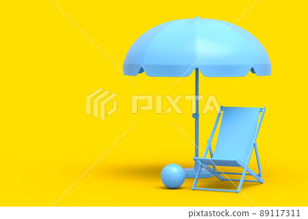 Beach chair with umbrella and beach ball on monochrome yellow background. 3D render of summer vacation concept Beach chair with umbrella and beach ball on monochrome yellow background. 3D render of summer vacation concept 89117311