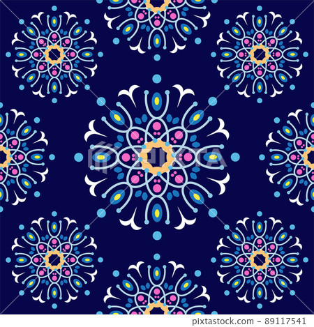 Beautiful seamless mandala flowers pattern. Stylish floral design template. Tileable retro ornament. Colorful, navy blue, pink, beige, yellow Beautiful seamless mandala flowers pattern. Stylish floral design template. Tileable retro ornament. Colorful, navy blue, pink, beige, yellow 89117541