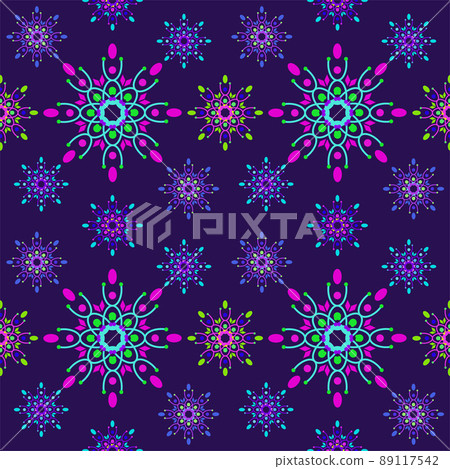 Seamless mandala flowers pattern in purple color background. Colorful Abstract neon floral design template. Tileable retro ornament. Seamless mandala flowers pattern in purple color background. Colorful Abstract neon floral design template. Tileable retro ornament. 89117542