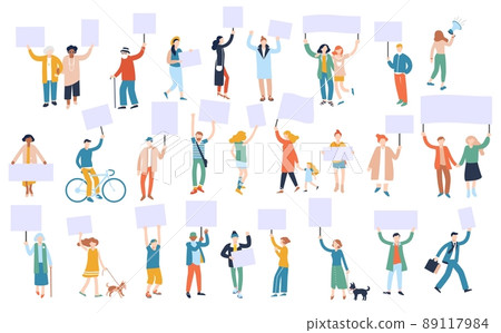 Set of protesting people characters with blank banners. Men and women in group, crowd holding placards. 89117984