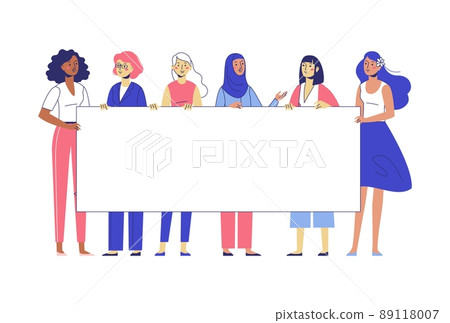 Different female activists and blank banner with copy space for text. 89118007