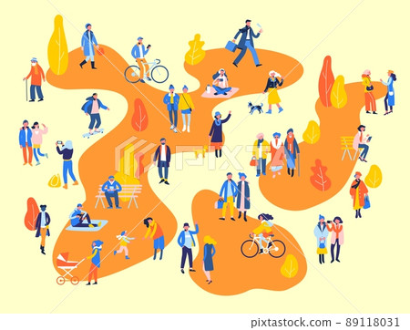 Group of people in different outdoor activity - walk, use smartphone, ride bike, relax. 89118031