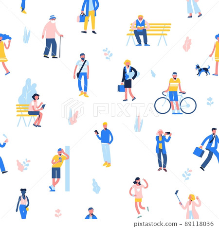 Seamless background with set of people in different situations - walk, use smartphone, ride bike, relax. Seamless background with set of people in different situations - walk, use smartphone, ride bike, relax. 89118036