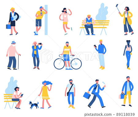 Set of people in different situations - walk, use smartphone, ride bike, relax. Set of people in different situations - walk, use smartphone, ride bike, relax. 89118039