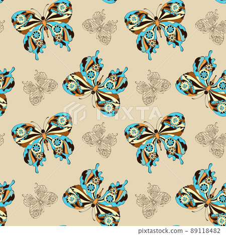 Butterfly pattern steampunk seamless. Hand drawn doodle. Butterfly pattern steampunk seamless. Hand drawn doodle. 89118482