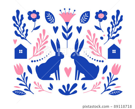 Nordic Folk pattern with bunnies and floral elements Nordic Folk pattern with bunnies and floral elements 89118718