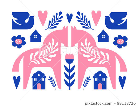 Nordic Dala horsesand birds seamless pattern Nordic Dala horsesand birds seamless pattern 89118720