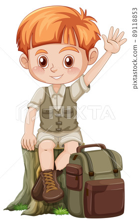 Little boy in camping outfit with backpack Little boy in camping outfit with backpack 89118853