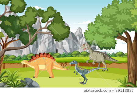 Scene with dinosaurs in the forest Scene with dinosaurs in the forest 89118855