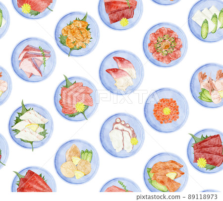 Continuous background pattern of sashimi served on a small plate Continuous background pattern of sashimi served on a small plate 89118973