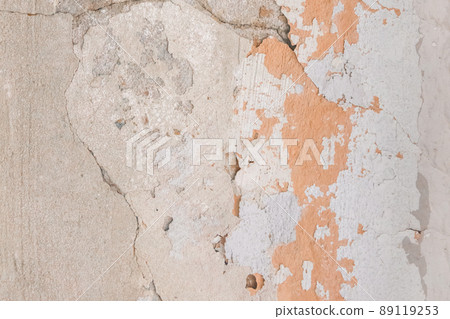 Peeling paint plaster with old weathered concrete obsolete wall cement worn texture messy background Peeling paint plaster with old weathered concrete obsolete wall cement worn texture messy background 89119253