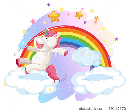 Pink unicorn jumping on a cloud with rainbow 89119270