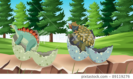 Nature scene with trees on mountains with dinosaur 89119276