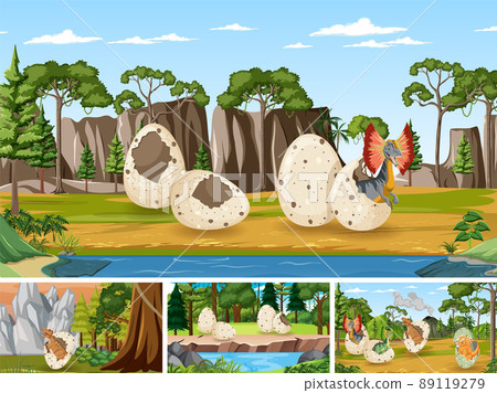 Set of nature scene with trees on mountains with sign board and dinosaur Set of nature scene with trees on mountains with sign board and dinosaur 89119279