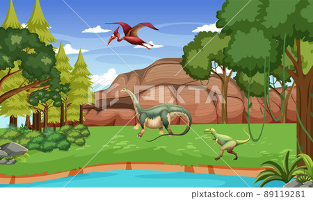 Nature scene with trees on mountains with dinosaur 89119281