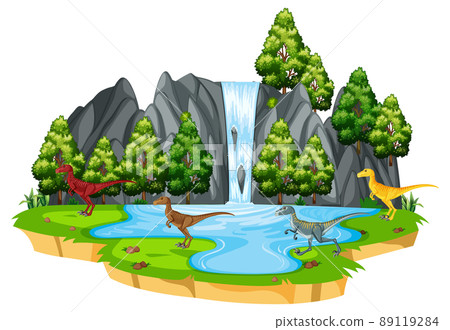 Scene with dinosaurs raptor on island 89119284