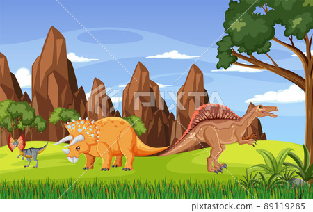 Nature scene with trees on mountains with dinosaur Nature scene with trees on mountains with dinosaur 89119285