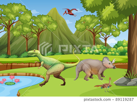 Nature scene with trees on mountains with dinosaur Nature scene with trees on mountains with dinosaur 89119287