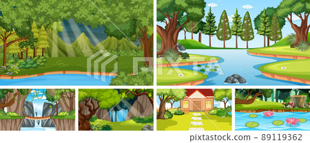 Nature scene with many trees and river 89119362