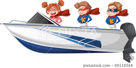 Boy and girl standing on a speeding boat on a white background Boy and girl standing on a speeding boat on a white background 89119384