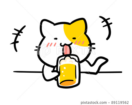 一個可愛的貓角色喝啤酒後變得開朗的手寫風格插圖 一個可愛的貓角色喝啤酒後變得開朗的手寫風格插圖 89119562