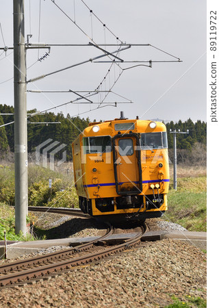 Photographing the scenery of a regular train of the South Hokkaido Railway in Hokuto City, Hokkaido in the spring 89119722